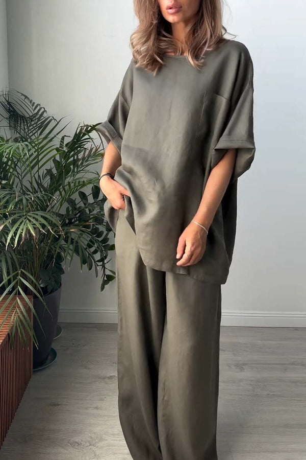 Women's casual plain cotton and linen two-piece set