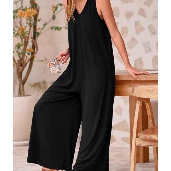 Women's Casual Summer Overall Jumpsuits Sleeveless Tank V Neck Wide Leg Loose One Piece Romper