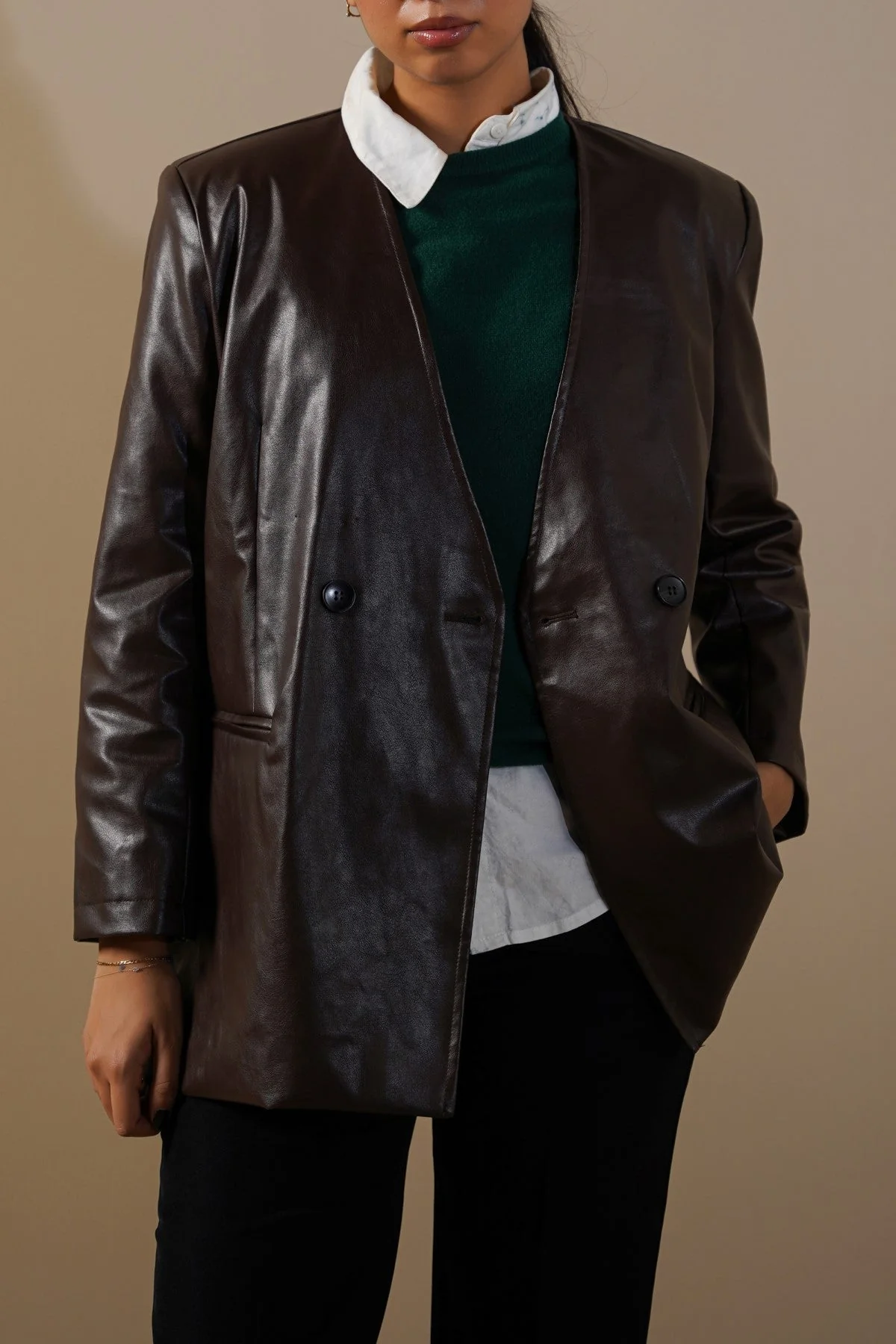 COLLARLESS LEATHER BLAZER - Image 7
